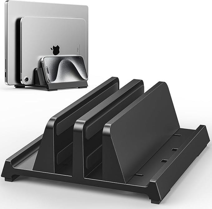 Vertical Laptop Stand for Desk, Dual Slots Plastic Laptop Holder with Space Saving 4-in-1 Design, Adjustable Width Supports MacBook, Chromebook, Surface, Dell (Black)