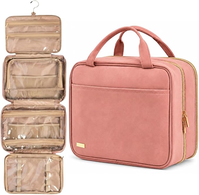 Pink Hanging Travel Toiletry Bag for Women, Large Makeup Bag and Cosmetic Organizer, Soft-touch Vegan Leather, TSA Approved Clear Pouch, Gifts for Women