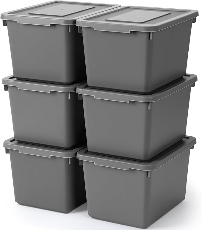 Potchen 6 Pcs Pack Cute Plastic Storage Bins with Lids Decorative Stackable Storage Boxes 9.8" ×7.3" ×5.7" Small Storing Totes for Organizing Craft Office Supplies (Grey)