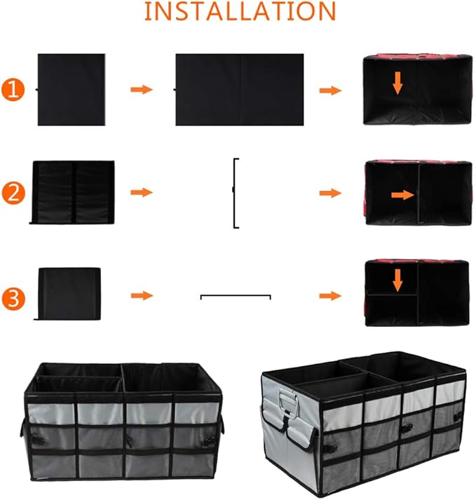 Car Trunk Organizer Collapsible Portable Multi Compartments Organizer with Non Slip Straps for SUV Truck Auto Vehicle Car Auto Minivan (Large without cover, Space gray)