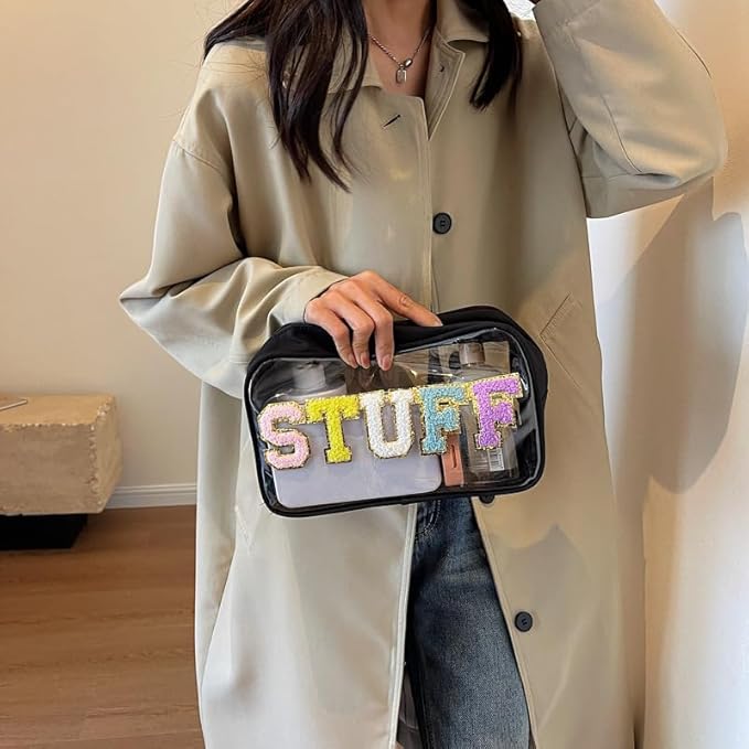 Large Clear Chenille Letters Makeup Bag for Travel,Beach, Clear Glitter Preppy Patch Stuff Cosmetic Bag,Clear Toiletry Stuff Pouch for Women for Valentines Day Gifts (10.62*6.29*3.54 inch,Apricot)
