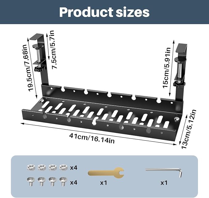 Under Desk Cable Management Tray, No Drill Clamp Mount, Metal Cord Organizer for Desk, Wire Management Rack for Home Office and Standing (Black)