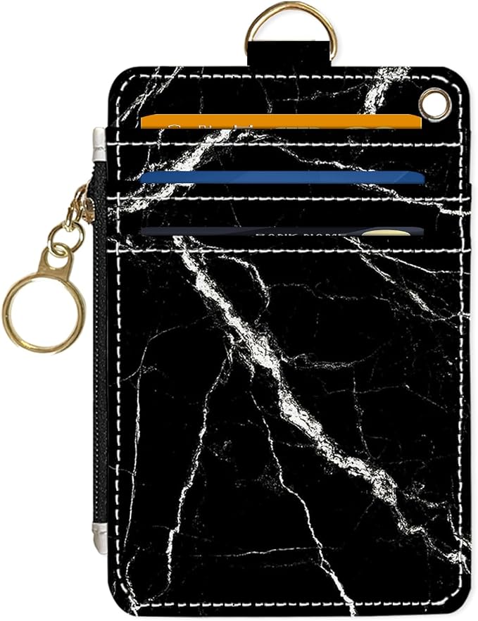 Slim Wallet Credit Card Holder, Black marble texture, RFID Wallet Women Cute Small Front Pocket Wallet With Zipper, PU Leather Thin travel RFID Blocking Card Case ID Window,Ladies Gifts