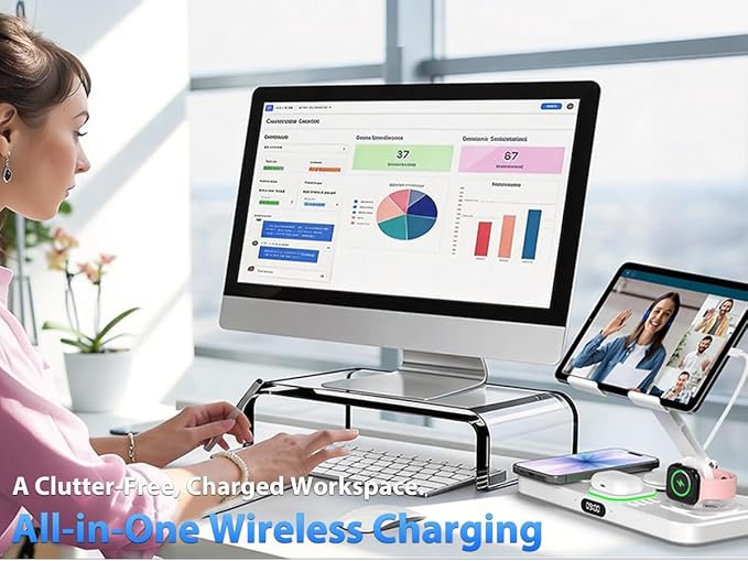 30W Charging Station for Apple Products, Foldable Wireless Charger with Clock Display&7 Color Light, Wired Charging for iPad/Tablet Charging Station for iPhone16, for Apple Watch10 for AirPods4(Cream