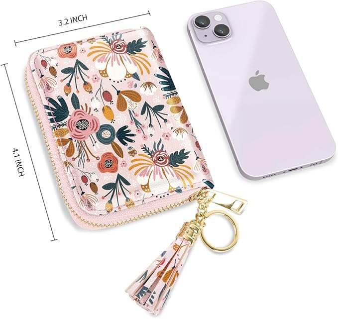 Coco Rossi Leather Credit Card Wallet for Women, RFID Blocking Zipper Cards Holder with Tassel, Pink Flowers