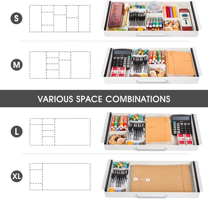 Large Size Under Desk Slide out Pencil Drawer White with Adjustable Space Divider Design for Storing Pencil and Office Accessories, Underdesk Pull out Tray Organizer Mounted for Sit Stand Workstation