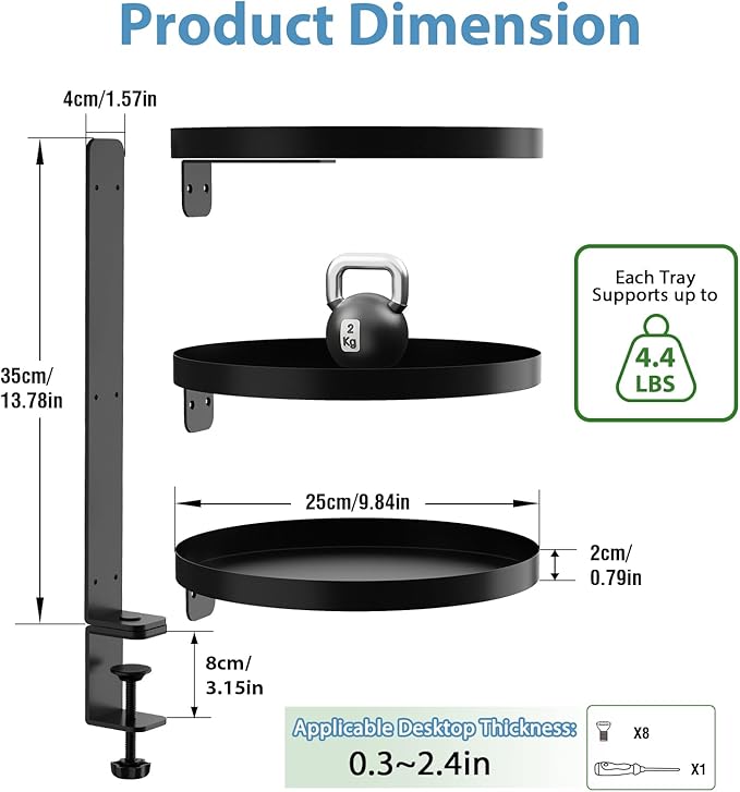 Swivel Clamp On Desk Shelf with 9.8in Adjustable Metal Storage Tray Above or Under Desk Storage 3-Tier Desk Extension Shelving Unit No Drilling Desktop Shelves for Max Desktop Thickness 2.4in