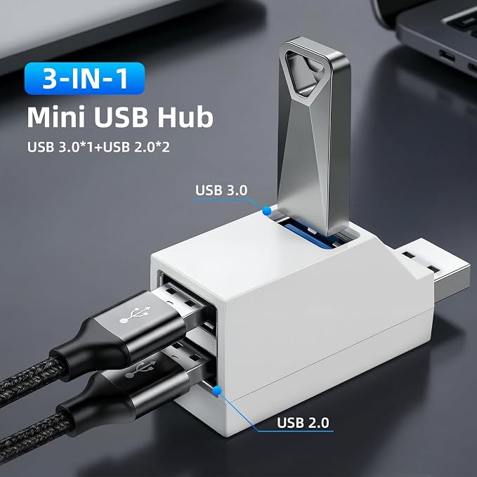 3 Ports USB-Adapter, USB Hub with 3.0 and Double 2.0 USB-Adapter, Portable USB Splitter 1 in 3 Out for U Disk，Keyborad, Mouse，Mobile Hard Disk, etc (White)