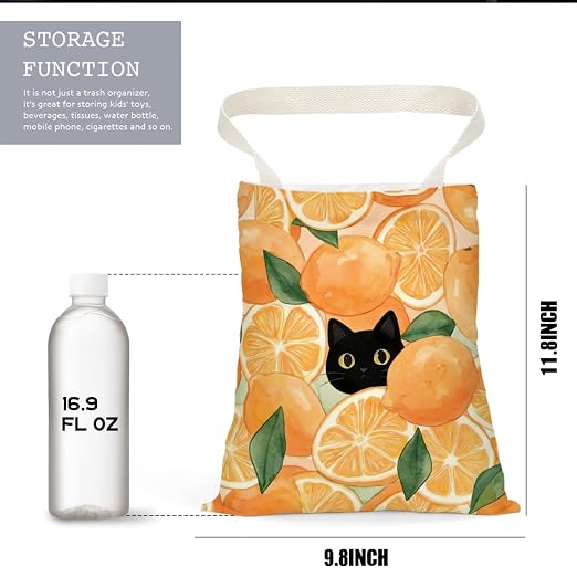 Black Cat Car Trash Bag, Orange Car Trash Bag Hanging, Orange Accessories, Summer Decor Waterproof Cars Back Seat Hanging Organizer Garbage Can for Vehicle Travelling Camping