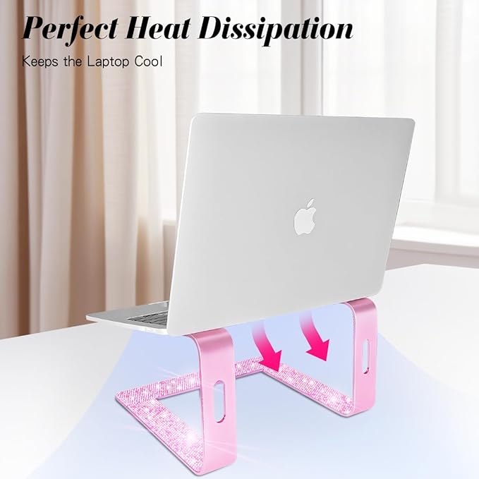 Bling Aluminum Laptop Stand,Glitter Ergonomicic Computer Stand for Desk with Sparkle Rhinestones,Detachable Notebook Riser Compatible with Air, Pro, Dell, HP, 10-15.6" Laptops (Pink)