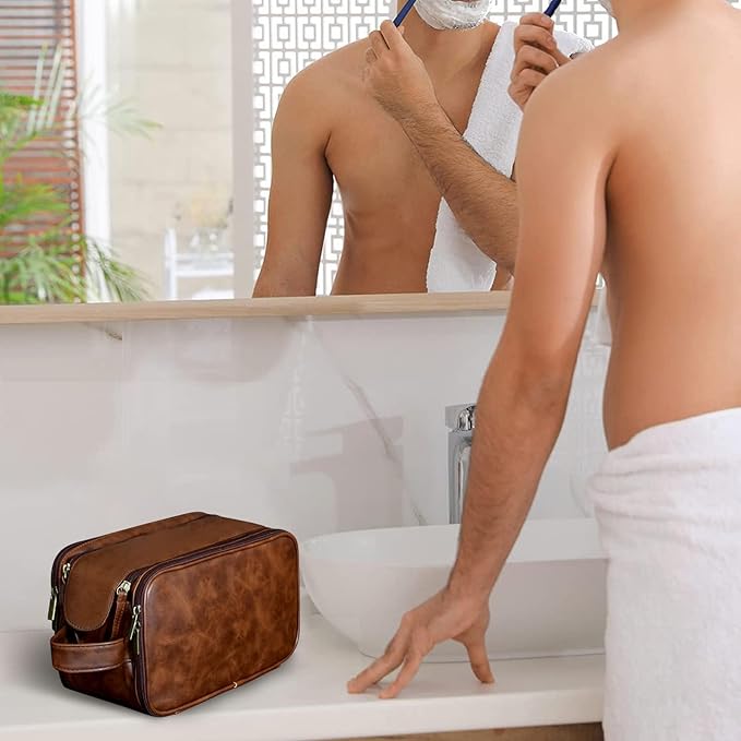 Personalized Leather Toiletry Bag for Men, Large Capacity Toiletry Travel Bag, PU Leather Waterproof Shaving Bag, Travel Essentials Customized Gifts for Husband, Groomsmen, Father's Day