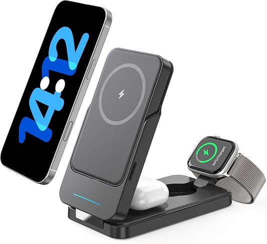 ANJANK 3 in 1 Foldable Wireless Charging Station for Travel, 5000mAh Removable Mag-Safe Power Bank, Portable Magnetic Charger Stand for iPhone 17 16 15 14 13 Pro Max Plus, Apple Watch Series, AirPods