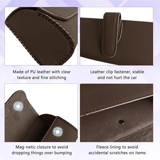 Sunglasses Holder for Car Sun Visor, Sunglass Organizer for Car, Magnetic Leather Eyeglasses Protective Storage Case, Waterproof Glasses Organizer Visor Accessories for Vehicles (Brown)