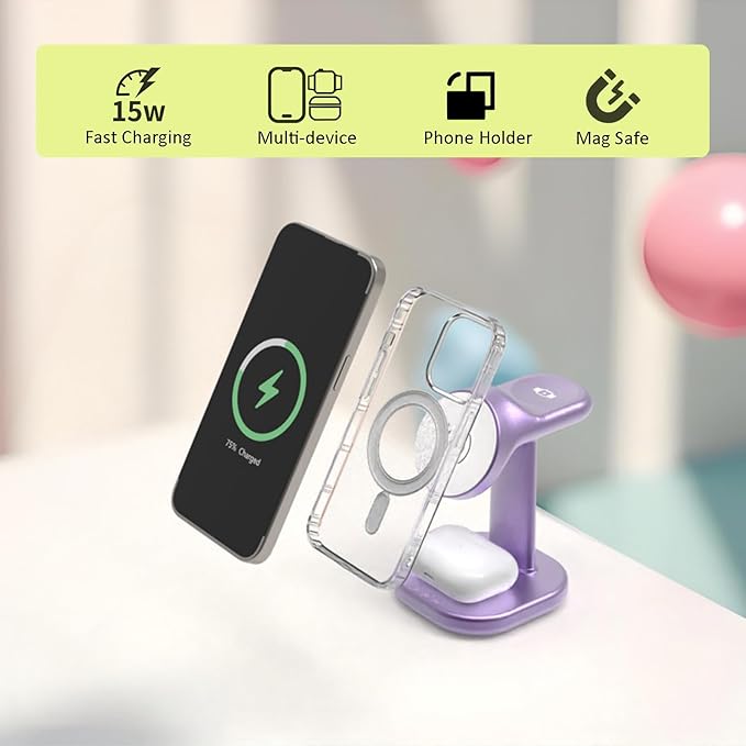 Wireless Charging Station for Magsafe Charger Stand,Fast Wireless Charger for iPhone Stand,3 in 1 Magnetic Phone Charger for Apple Watch,for Airpods,for Magsafe Charging Station (Pink)