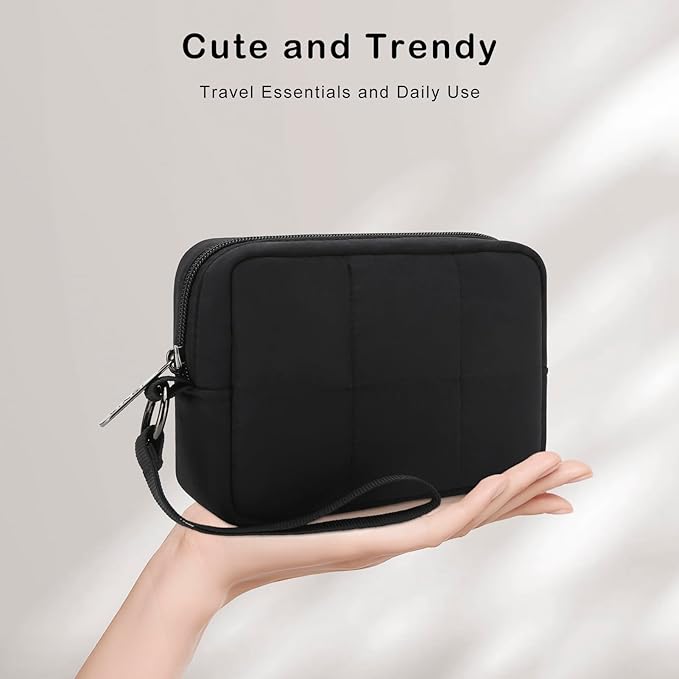 Small Zipper Puffer Makeup Bag for Wristlet Wallets, Quilted Nylon Cosmetic Pouch Organizer Toiletry Bag for Travel, Cute Make Up Bags Purse for Women Girl, Black