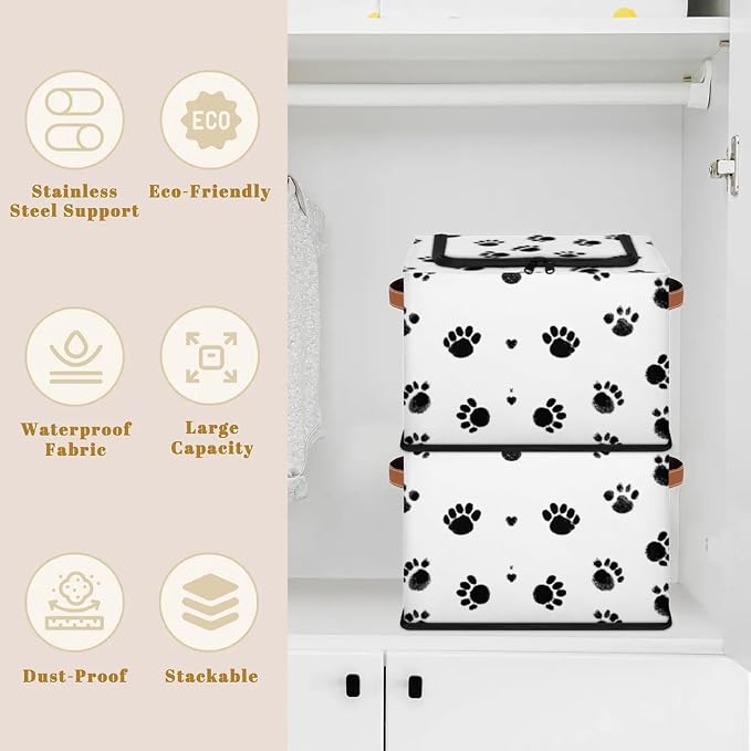 Dogs Footprints Storage Bins With Zipper Lid, Collapsible Trunk Organizer, Car Organizers and Storage Bins with Lids, Decorative Storage Boxes with Handle, Home Storage Baskets for Organizing