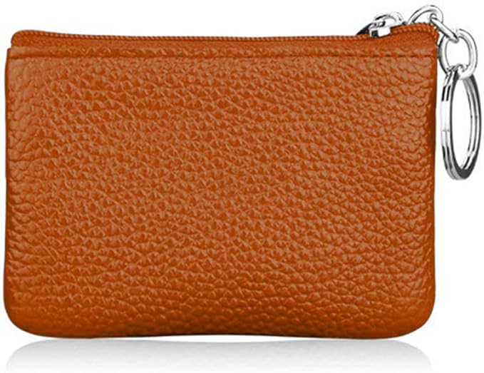 Hibate Brown Small Leather Coin Purse Change Pouch for Women Men Kids with Zip Key Ring