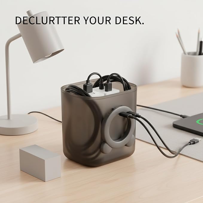 Desktop Cable Organizer Box, Compact Cord Management for Cables & Chargers, PP Plastic Case