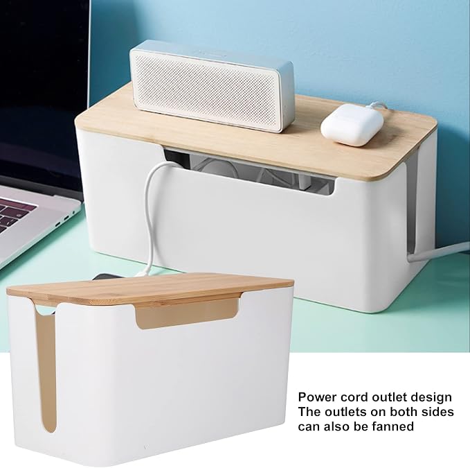 HERCHR Cable Management Box, Small Desk Cord Organizer with Wooden Lid, Cable Box Organizer Power Socket Management for Hiding TV Wires Routers Computers Wires