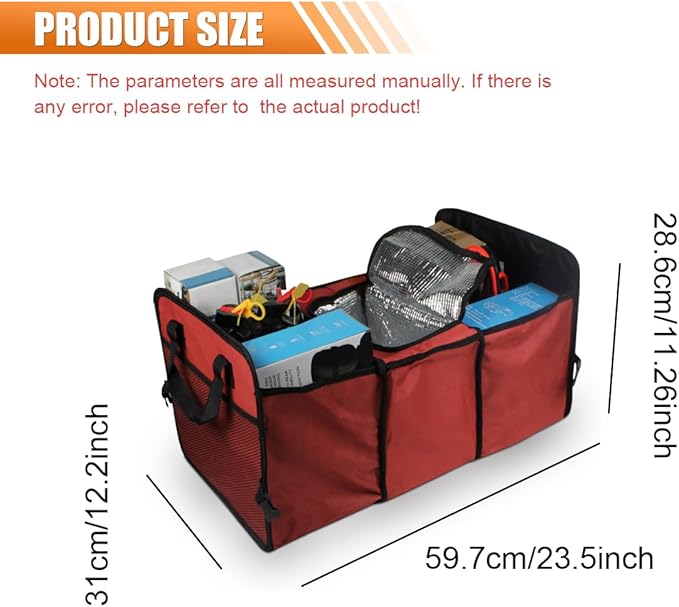Car Trunk Organizer, Oxford Fabric Waterproof & Anti-Slip Vehicle Storage Box with Leak Proof & Insulated Cooler Bag, Large Capacity Foldable Auto Storage Box for Car, SUV, Truck (Red)