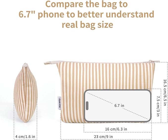 Narwey Small Striped Makeup Bag for Purse Travel Makeup Pouch Cosmetic Bag Zipper Pouch Bags for Women (Brown Stripe)
