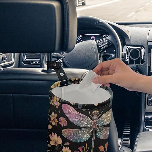 Dragonfly Flower Car Trash Can Waterproof Garbage Can Car-Seat Back Hanging Trash Bag Portable Camping Waste Bin Storage Bag Collapsible Rubbish Container for Cars (5.9" W,7.2" H)