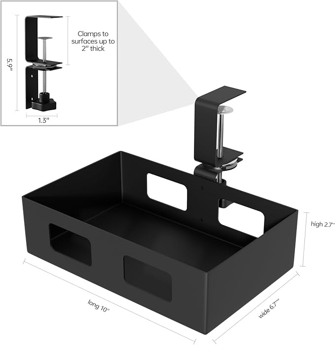 Clamp-on Side Desk Swivel Organizer, Under Desk Hidden Storage Drawer with Cable Hole, Hanging Desk Rotated Metal Basket for Extender Desk Space