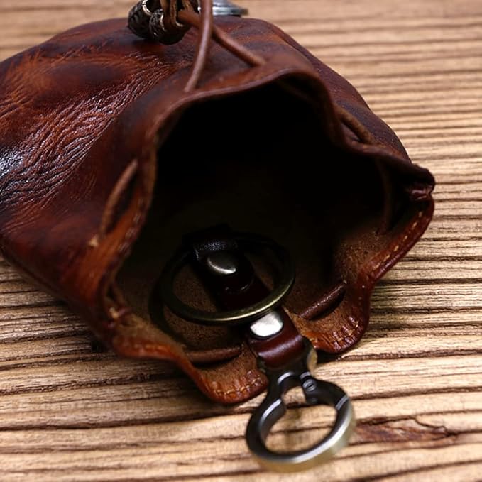 1 Pcs Leather Mini Medieval Pouch Keychain, Coin Organizer, Change Holder, Leather Drawstring Pouch for Men & Women