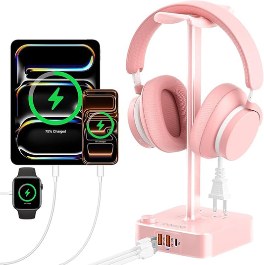 Pink Headphone Stand with USB Charger, Gaming Headset Holder with 3 USB Ports & 2 AC Outlets, PD Fast Charging & QC3.0, Desk Organizer for Girls, Gifts for Her,Girlfriend,Teen, Pink Gaming Accessories