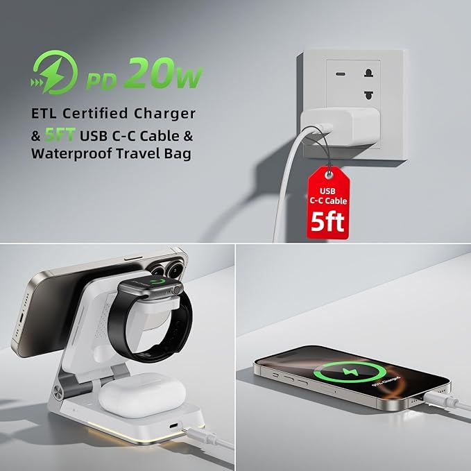 Foldable Wireless Charger 3 in 1 - Magnetic Wireless Charging Station for Apple Magsafe Charger Stand with Light,Aluminum Portable Travel Charger Dock for iPhone 17/16/15/14/13/12,Apple Watch,AirPods
