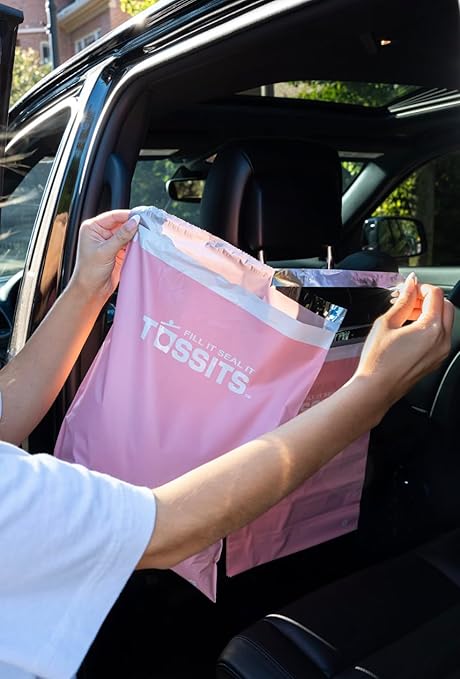 Tossits Disposable Car Trash Bag Hanging (Pink, Set of 7) - Leak-Proof, Smell-Proof Automobile Trash Container, Eco-Friendly, Thick, Large 12x15 Car Trash Bin with Sturdy Header Board
