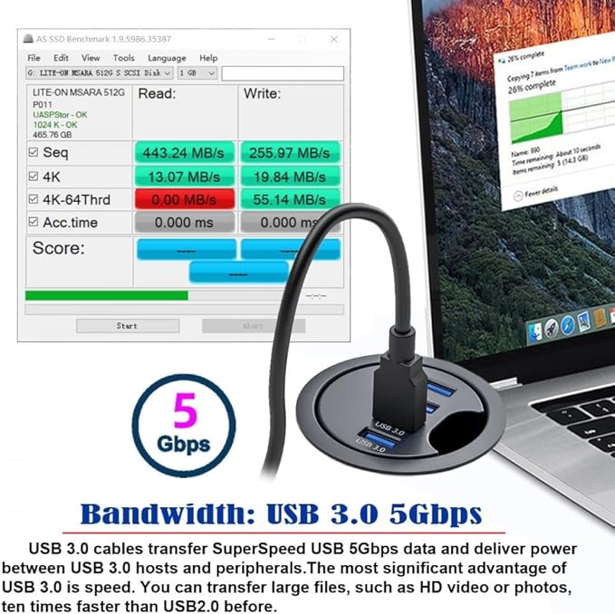 CY USB 3.0 Hub 4 Port USB 60mm Desk Grommet Splitter Dock Station Interface 5Gbps for Desktop PC