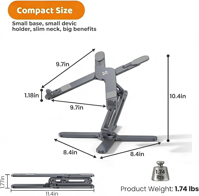 Moallia N86 360 Rotating Laptop Stand, Adjustable Height & Angle, Ergonomic Metal Riser for Desk Collaborative Work, Fully Foldable for Easy Storage, Fits All MacBook & Laptops up to 16 inches, Grey