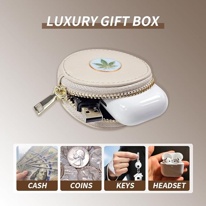 Coin Purse Keychain Bag, Mini Coin Purse with Braided Wrist Strap, PU Leather Makeup Bag, Small Change Pouch Wallet Coin Purse for Women, Mini Classic Wallet (White Leaf)