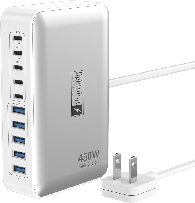 USB C Charger Station 450W, 10-Port USB Charging Hub with Flat Plug, GaN IV PD 140W Type C Fast Charging Adapter Hub for MacBook Pro/Air, DELL, iPad, iPhone, Samsung Galaxy