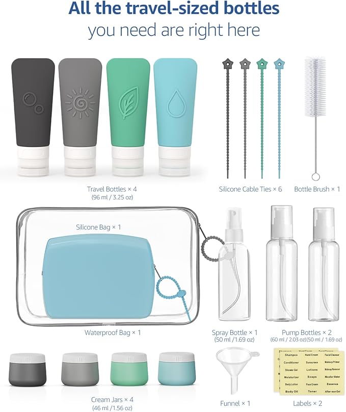 23-Piece All-in-One Silicone Travel Bottles Set – TSA Approved Leakproof Toiletry Kit with Double Bags, Flat Easy-Squeeze Bottles with Tactile Icons, Cream Jars, Pump & Spray, Cleaning Brush