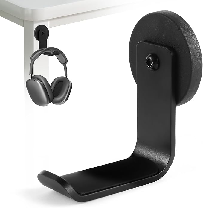 Magnetic Headphone Holder, Aluminum Headset Hooks, Headphone Hanger for Desk & Table, Headphone Mount Stand with Rubber Pad, Compatible with All Computer/Gaming Headsets (Black)