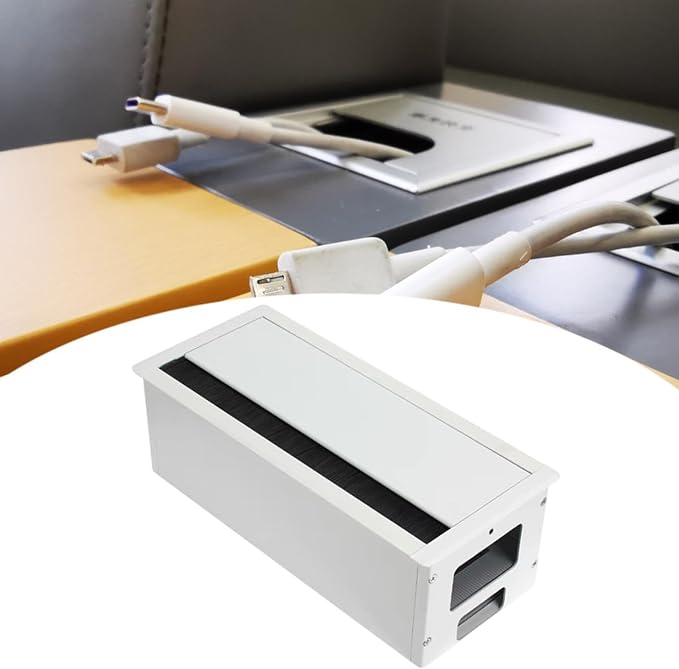 Desk Threading Box Aluminum Alloy Rectangular Wire Organizer with Cable Hole Cover Cord Grommet Storage Box Space Saving Cushioning Structure, White