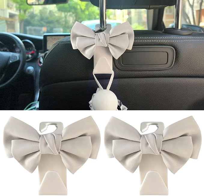 2 Pack Car Seat Headrest Hook, Auto Seat Hook Hangers Storage Organizer Interior Accessories for Handbag Clothes Coats Grocery Bags (White leather)