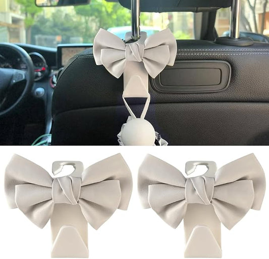2 Pack Car Seat Headrest Hook, Auto Seat Hook Hangers Storage Organizer Interior Accessories for Handbag Clothes Coats Grocery Bags (White leather)