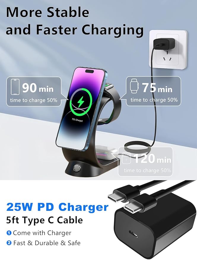3 in 1 Wireless Charging Station, [6-Color RGB Light] 15W Fast Magnetic Wireless Charger Stand for Multiple Devices Apple, for iPhone 17/Air/16/15 Pro Max, for iWatch 2 to 9