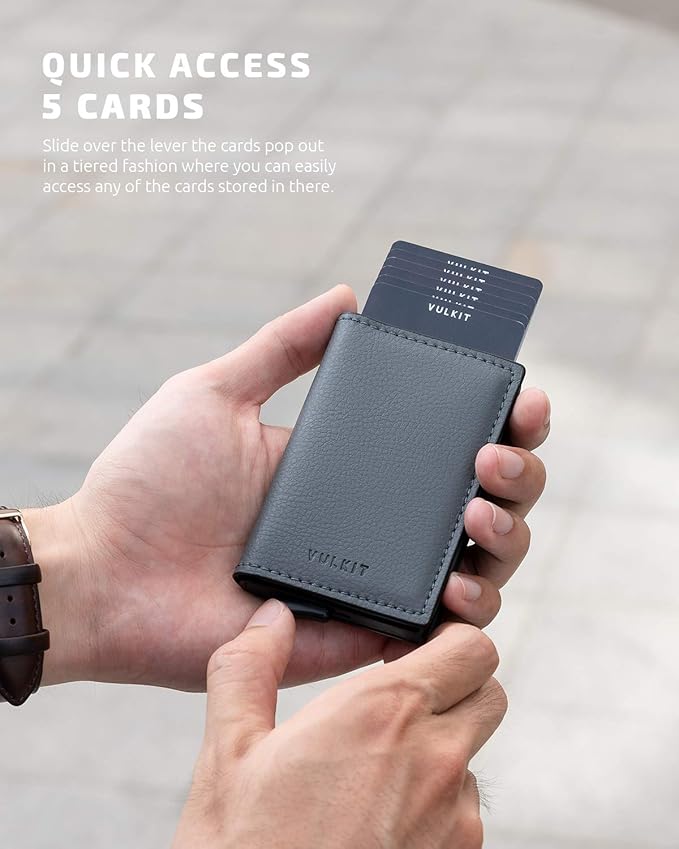 VULKIT Credit Card Holder RFID Blocking Leather Automatic Pop Up Wallet Aluminum Pocket Business Card Case
