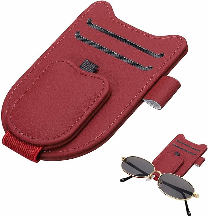 HARFINGTON 1 Pcs Sunglass Holder for Car Magnetic Leather Glasses Holder Universal Visor Sunglasses Clip Car Accessories Interior for Glasses Ticket Cards,Wine Red