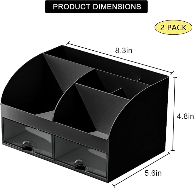 Desk Organizer with 6 Compartments and 2 Drawers, Plastic Makeup Organizer, Pen Holder for Desktop Storage, Desk Organization for School, Home, Office Supplies Black-2Pack