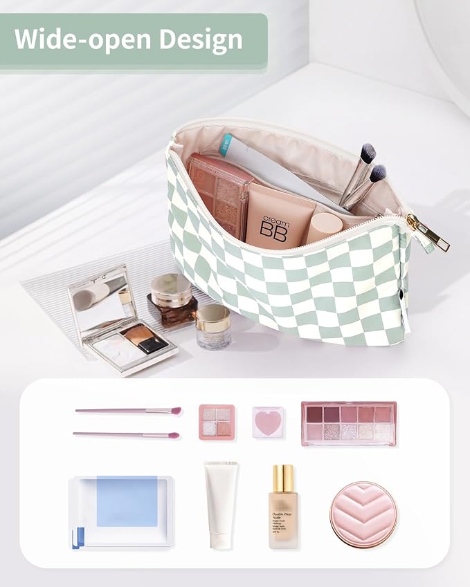 Narwey Small Makeup bag for Purse, Small Makeup Pouch for Purse Cosmetic Bag with Zipper, Cute Make up Pouch for Women Girls (Mint Green Checkerboard)