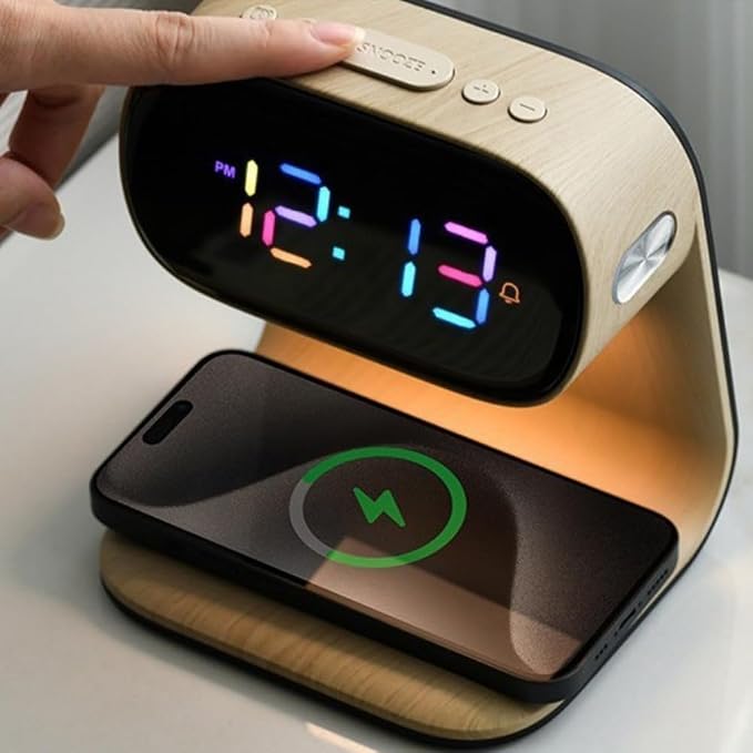 AYI 3in1 Large Color Screen Wireless Charging Station with Alarm Clock & Night Light 15W Fast Charger for Phone & Earbuds 7-Color LED Display Dual Alarm 3Level Dimmable Touch Lamp Wood A40