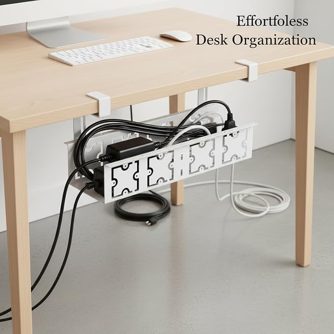 Under Desk Cable Management Tray, White Metal Wire Basket for Power Strips & Cords, No-Drill Clamp Mount, 15.7 x 6.3 x 3.5 Inches
