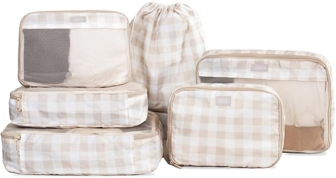 Jadyn Packing Cubes for Travel, 6-Piece Large Packing Cube Organizer Set for Suitcase, Duffel Bag, Luggage, Multiple Sizes Travel Essentials (Beige Gingham)