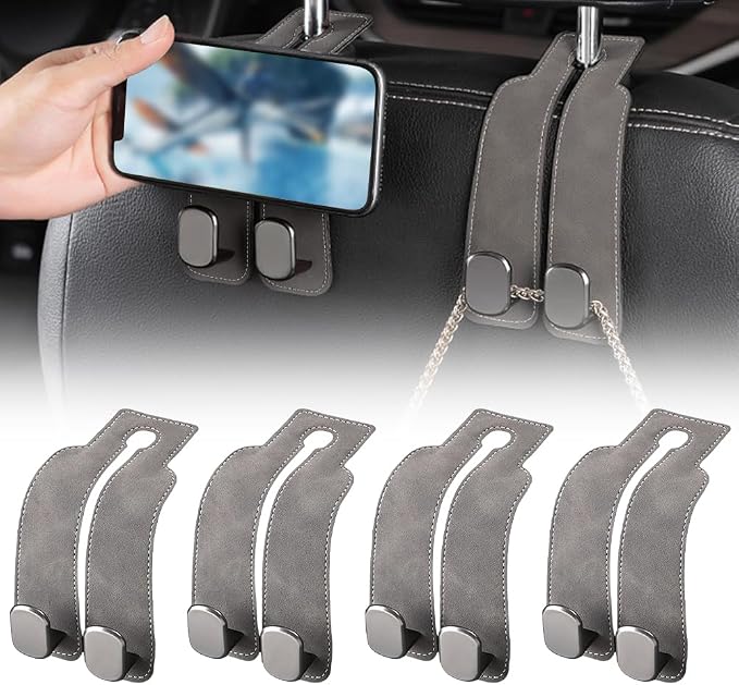 FXOICMI Car Seat Headrest Hooks, Purse Hooks for Car with Double Hooks, Leather Car Seat Hooks for Purses and Handbags, Heavy Duty Car Purse Holder Hanger for Travel, Keep Car Tidy (Grey 4Pcs)