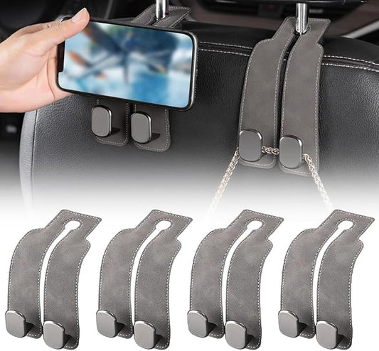 FXOICMI Car Seat Headrest Hooks, Purse Hooks for Car with Double Hooks, Leather Car Seat Hooks for Purses and Handbags, Heavy Duty Car Purse Holder Hanger for Travel, Keep Car Tidy (Grey 4Pcs)